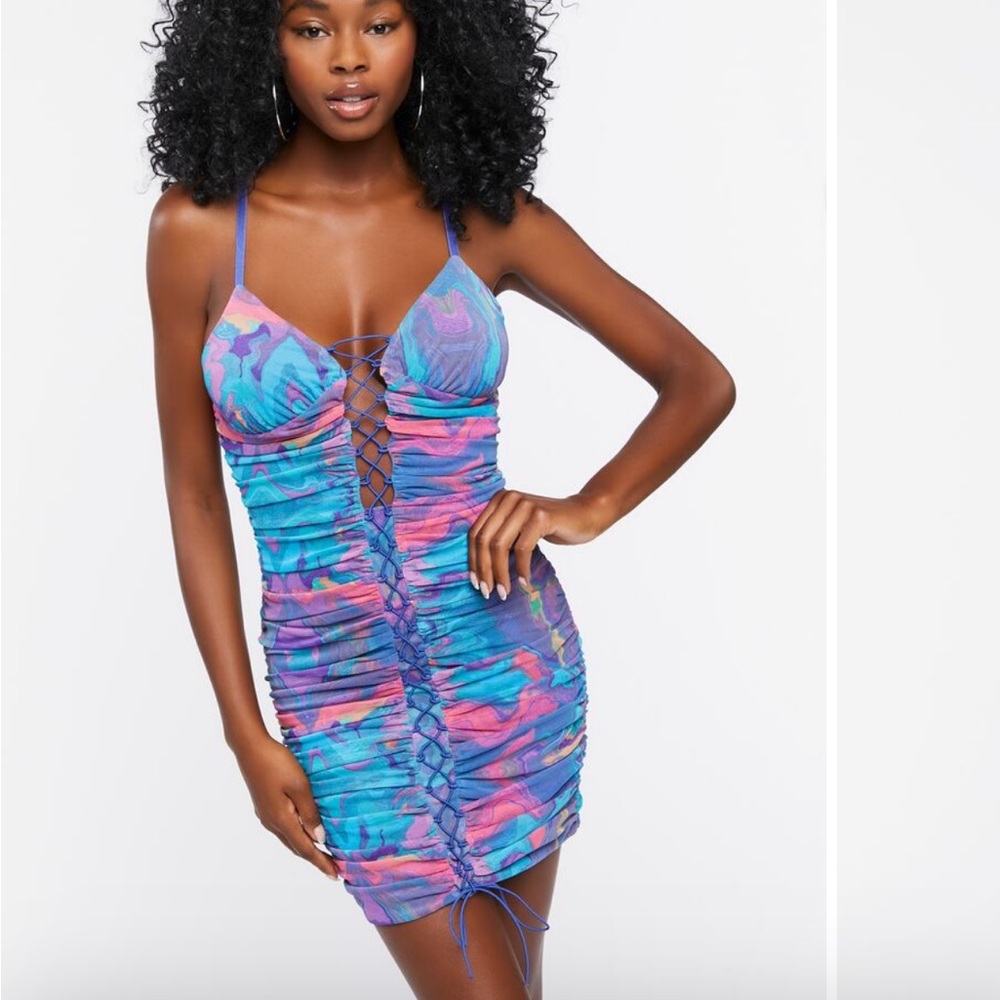 Y2K tie dye mini dress mesh lace up rave 90s vintage